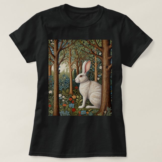 T-shirt Elégant retro boho blanc lapin boisé fleurs (Design devant)