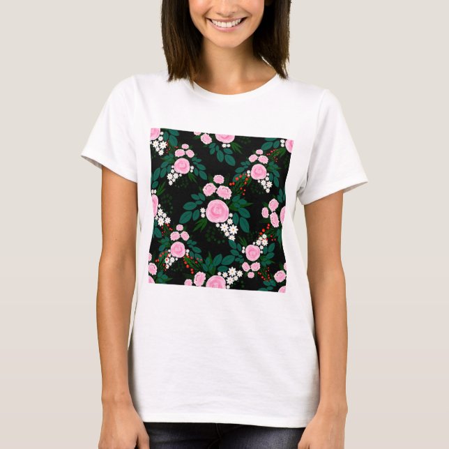 T-shirt Elégant rose et blanc Floral aquarelle Peinture (Devant)