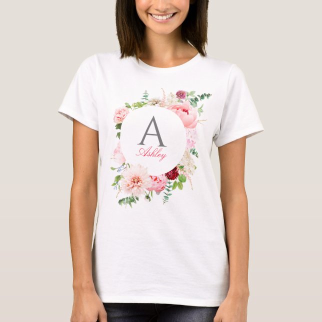T-shirt Élégant rose floral Circle Nom du cadre Monogramme (Devant)