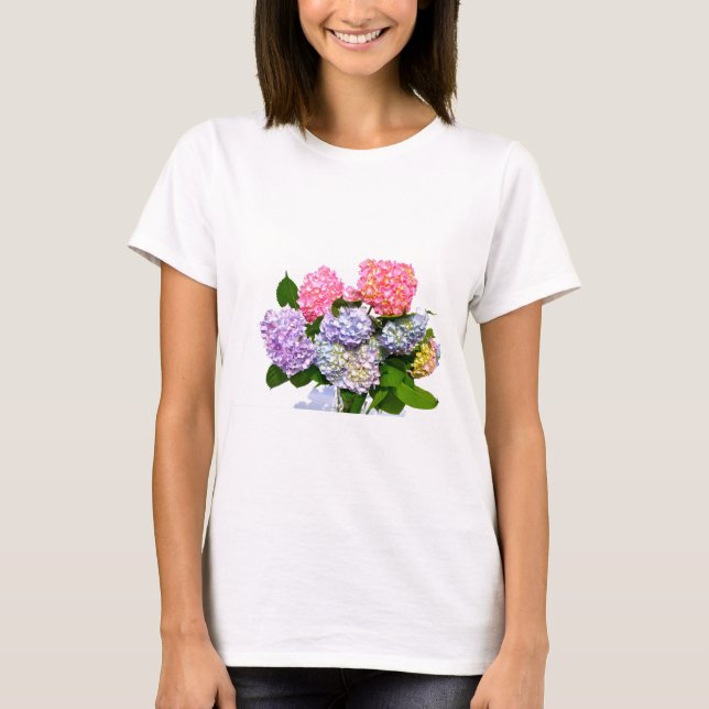 T-shirt Elégant rose rose fleurs bleues hydrangées florale (Devant)