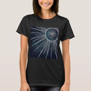 T-shirt Elégant Silver Sun Moon Doodle Mandala Blue Design