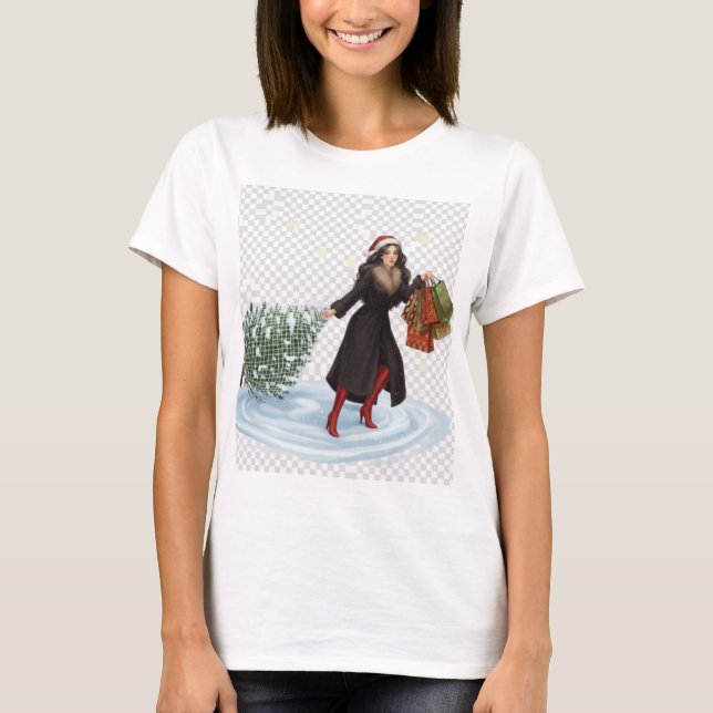 T-shirt Elegant Woman in Santa Hat Pulling Christmas Tree  (Devant)