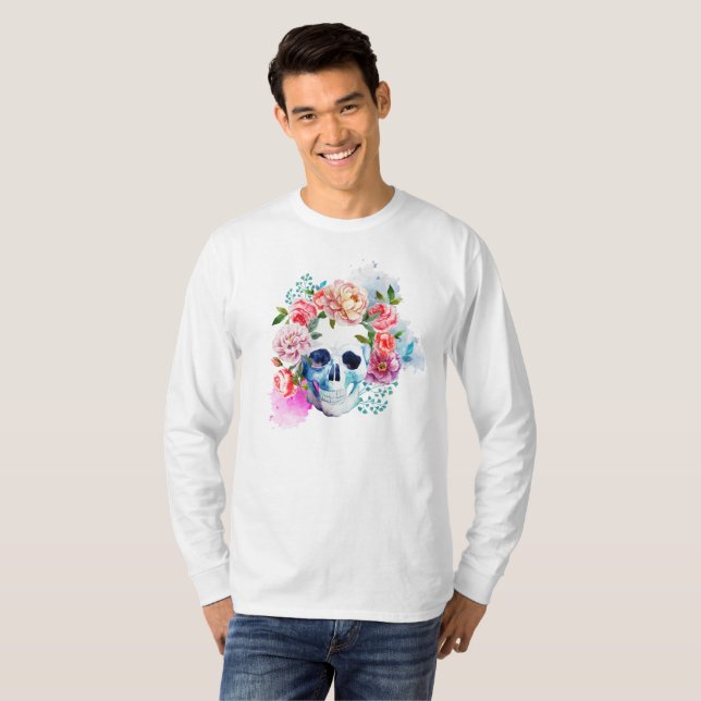 T-shirt Elégante chemise à crâne fleurie Dia de los Muerto (Devant entier)