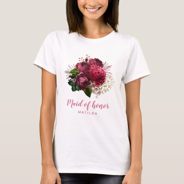 T-shirt Élégante demoiselle d'honneur fleurie rose d'or mo (Devant)