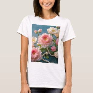 T-shirt Élégantes fleurs blanches rose pâle avec perles