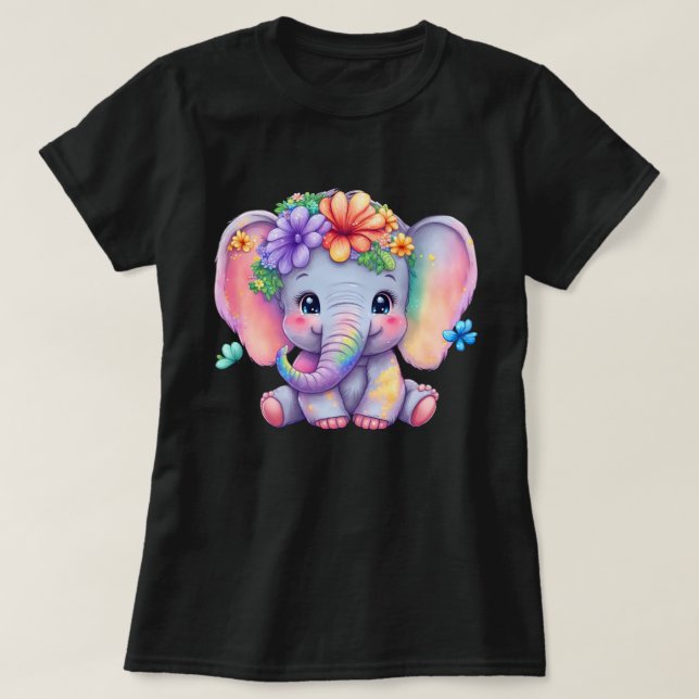 T-shirt Eléphant Arc-En-Ciel Avec Couronne Florale Et Papi (Design devant)