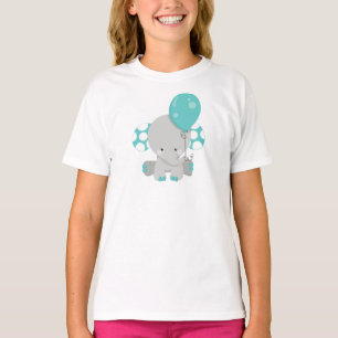 T-shirt Eléphant Avec Balloon, Eléphant Cute - Gris Bleu