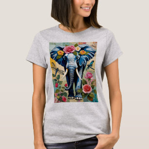 T-shirt Éléphant avec roses et libellules patchwork