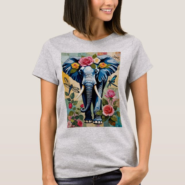 T-shirt Éléphant avec roses et libellules patchwork (Devant)