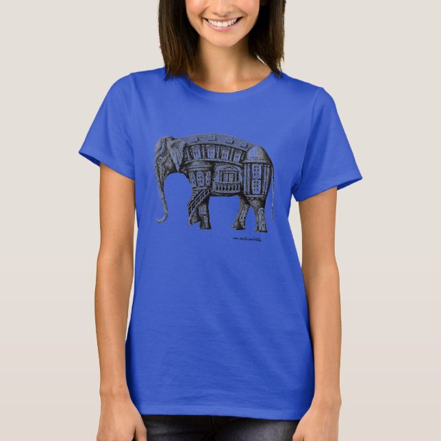 T-shirt Eléphant Bâtiment dessin à encre de stylo (Devant)
