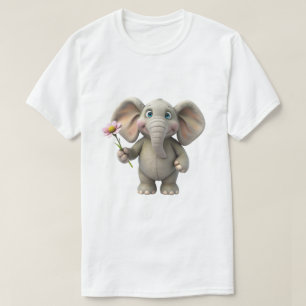 T-shirt Éléphant Bébé de Dessin Animé 3D Tenant une Fleur
