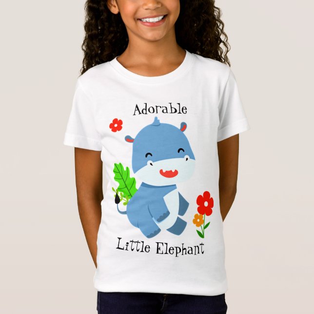 T-Shirt Eléphant Bleu Cute Avec Fleurs Rouges (Devant)