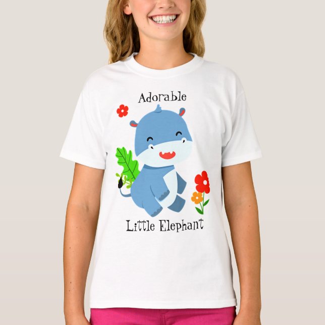 T-shirt Eléphant Bleu Cute Avec Fleurs Rouges (Devant)