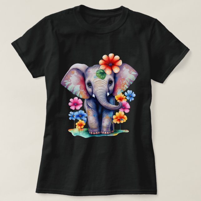 T-shirt Éléphant Coloré avec Fleurs (Design devant)