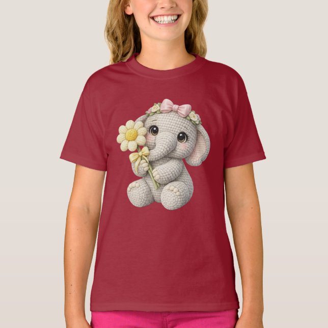 T-shirt Éléphant fille au crochet mignon avec fleur – Idée (Devant)