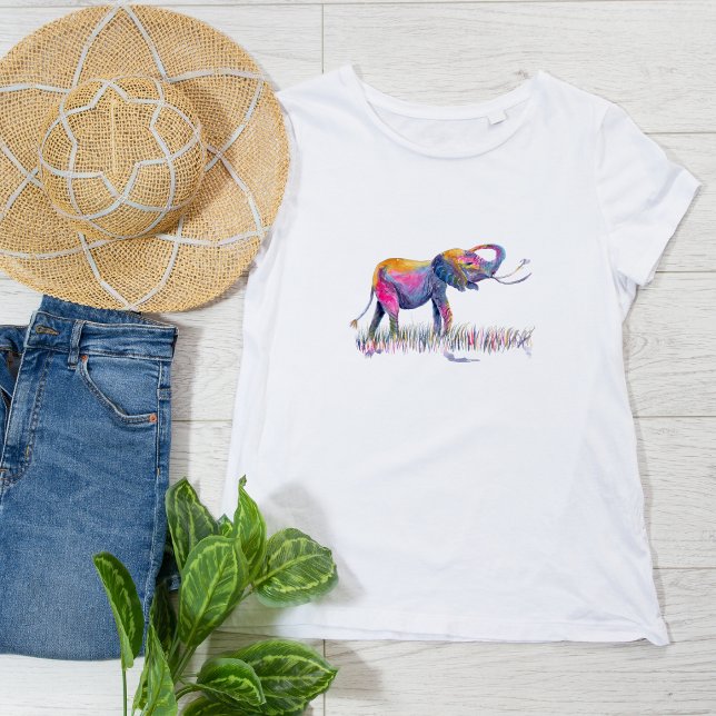 T-shirt Éléphant heureux aquarelle coloré (Créateur téléchargé)