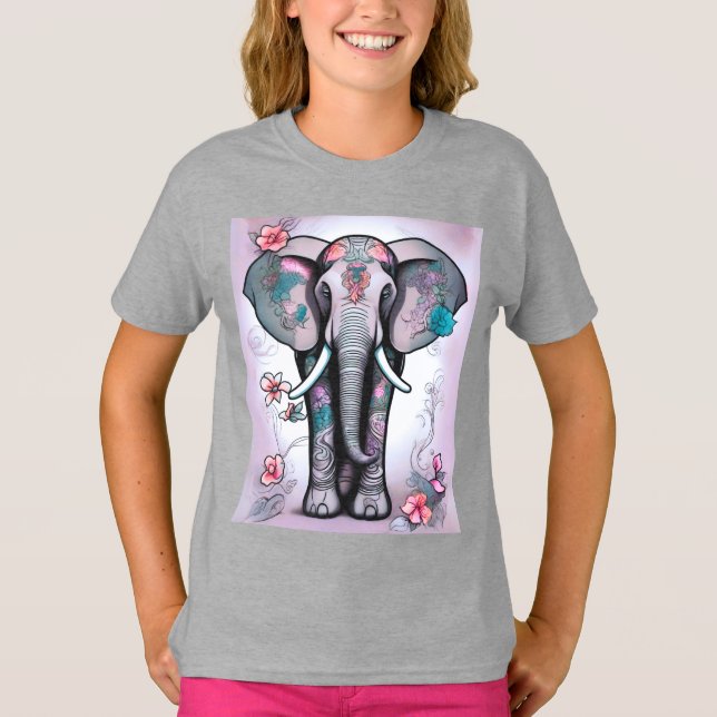 T-shirt Éléphant indien gris orné de fleurs (Devant)