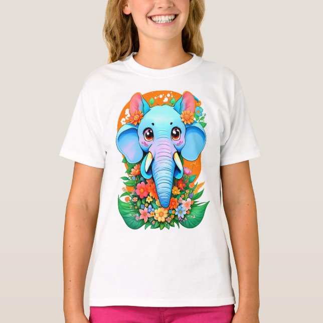 T-shirt Eléphant mignon aux fleurs (Devant)