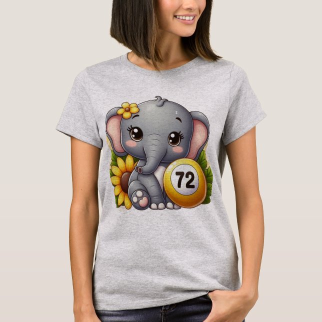 T-shirt Éléphant mignon avec une boule de bingo numéro 72 (Devant)