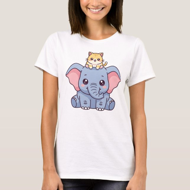 T-shirt Éléphant Mignon et Animal Kawaii Chat   (Devant)