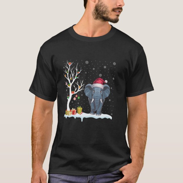 T-shirt Elephant Santa Hat Festif Arbre de Noël Lumière Pa (Devant)