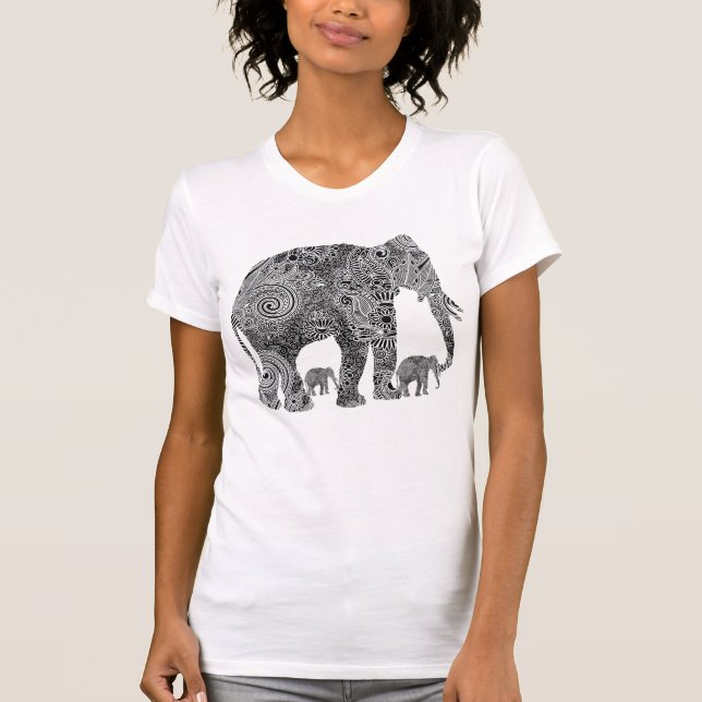 T-shirt Eléphants floraux ornés noirs et blancs (Devant)