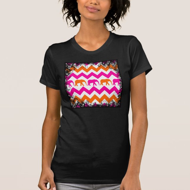 T-shirt Eléphants roses chauds et orange Chevron Stripes (Devant)