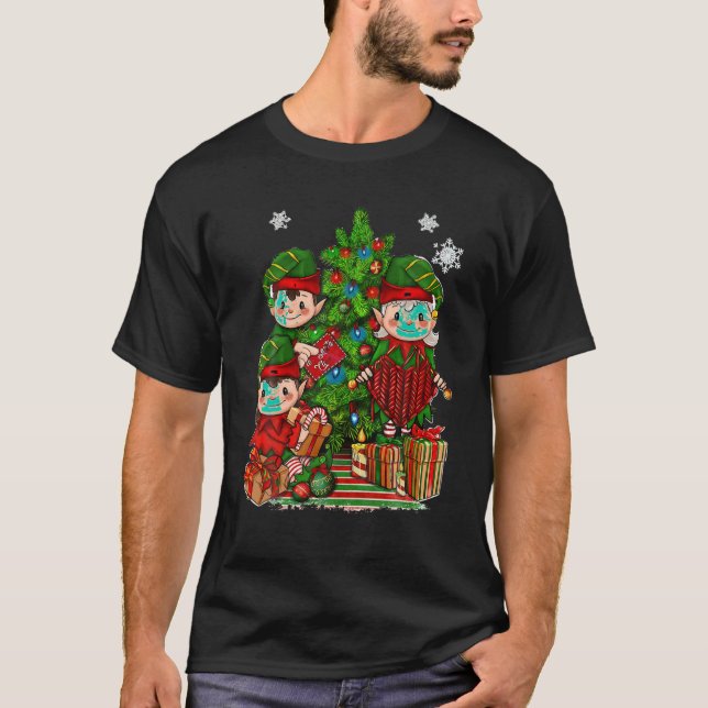 T-shirt Elfe avec Tricot Noël Arbre Lumières Noël Famille (Devant)