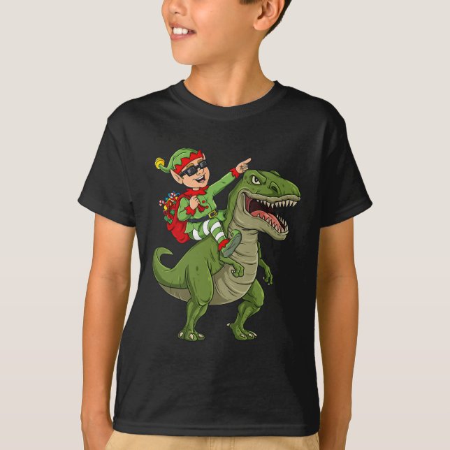 T-shirt Elfe de Noël équitation Dinosaur T Rex Garçons Enf (Devant)