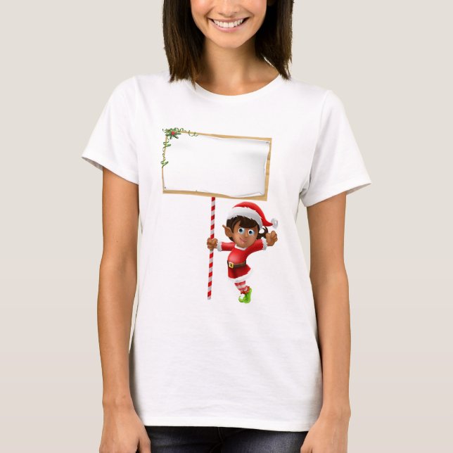 T-shirt Elfe de Noël tenant un signe (Devant)