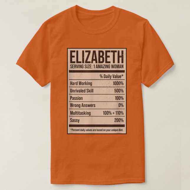 T-shirt Elizabeth Nutrition Facts Nom Pseudo Alias Titre (Design devant)