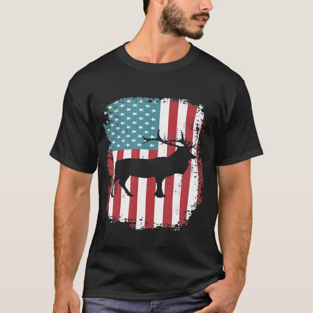 T-shirt Elk Hunting Patriotic American Flag (Devant)