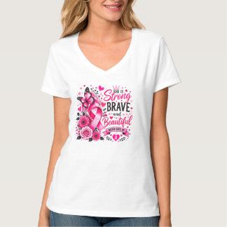 T-shirt Elle Est Forte Belle Courageuse Cancer du Sein Ros