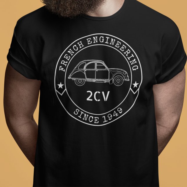 T-shirt Emblème de l'Ingénierie (2CV T-Shirt in Black with a White Badge Text Design and and Illustration of the Deux Chevaux )