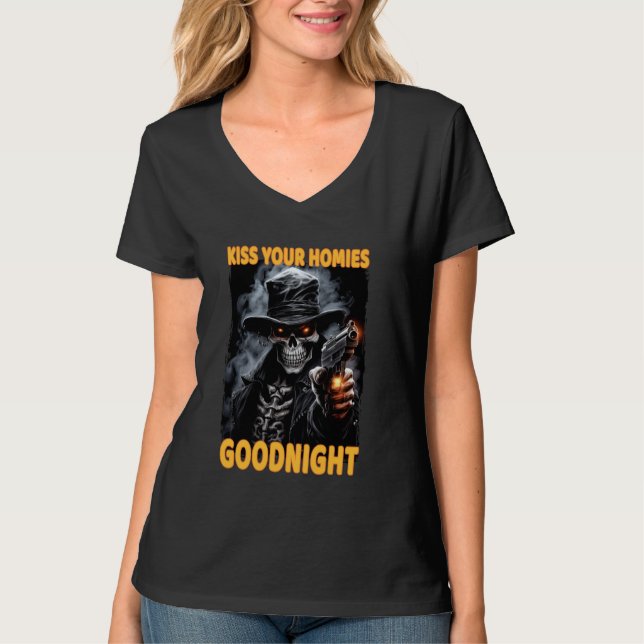 T-shirt Embrasse tes Hommes Bonne nuit Cringe Squelette (Devant)