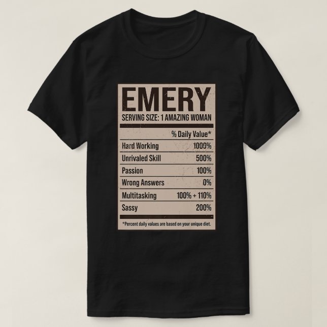 T-shirt Emery Nutrition Facts Name Nickname Alias Title Fr (Design devant)