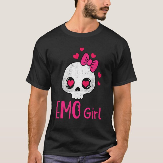 T-shirt Emo Girl Crâne rose avec Cravate Bow Emo Goth Emot (Devant)