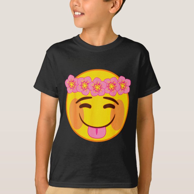 T-shirt Emoji Flower Crown Tongue Yellow Smile Face  (Devant)
