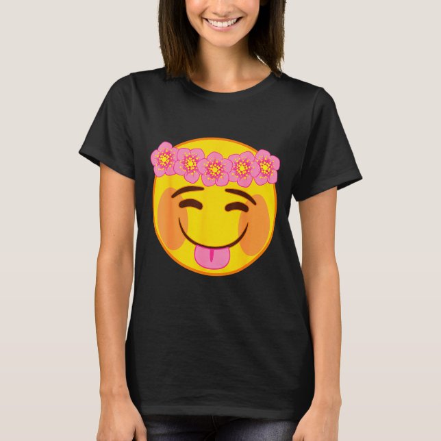 T-shirt Emoji Flower Crown Tongue Yellow Smile Face  (Devant)