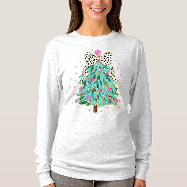 T-shirt Empreinte de léopard + Parties scintillant Noël LS (Devant)