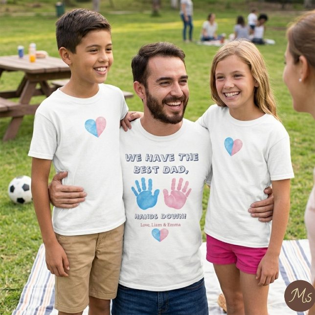T-shirt empreinte de main à l'aquarelle Meilleur P (Matching father and kids Father's Day shirts featuring custom watercolor handprints and cute heart.)