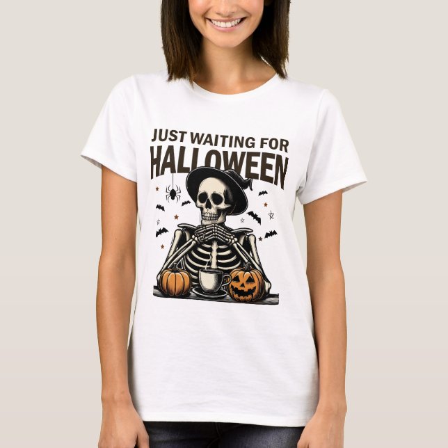 T-shirt En attente d'Halloween Squelette Boire du café (Devant)