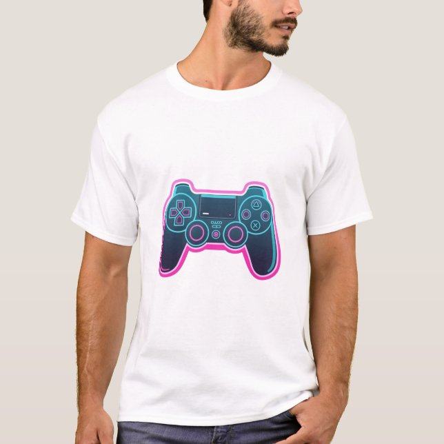T-Shirt en coton blanc avec manette de jeu néon mo (Devant)