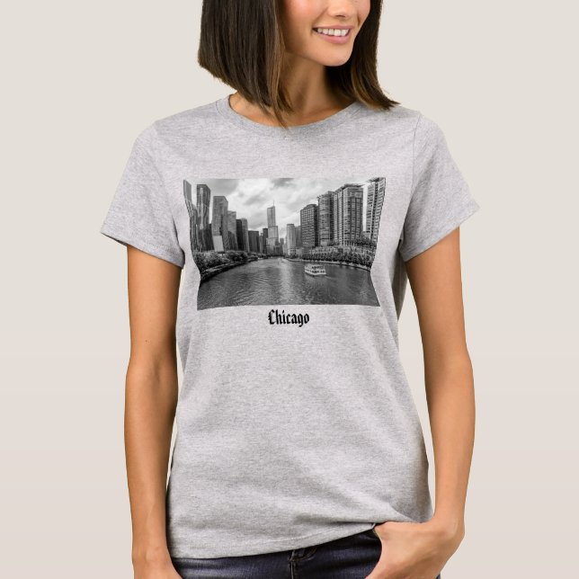 T-Shirt En Niveaux De Gris De La Rivière Chicago E (Devant)