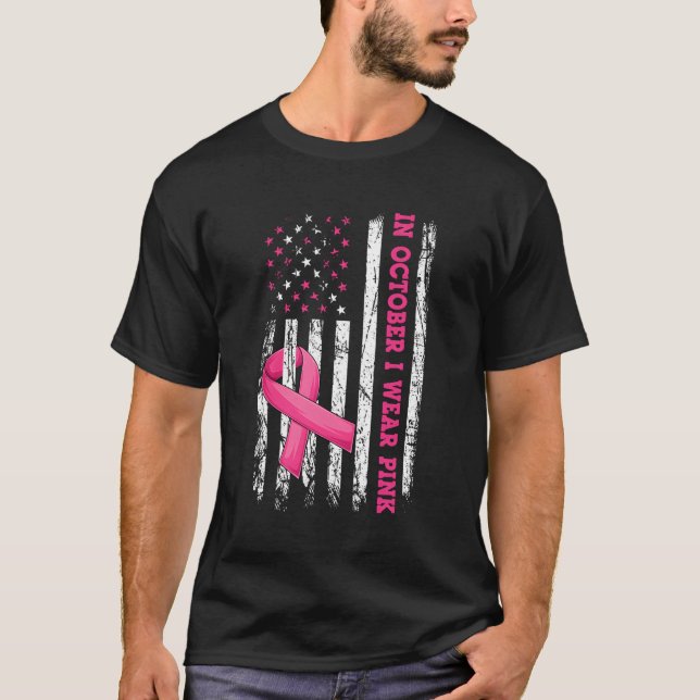 T-shirt En Octobre Je Porte K Cancer Du Sein Drapeau Améri (Devant)