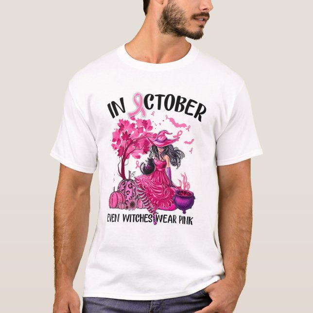 T-shirt En Octobre Même Les Sorcières Portent Pink Automne (Devant)