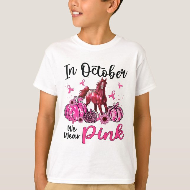 T-shirt En Octobre Nous Portons Le Citrouille Cheval Rose  (Devant)