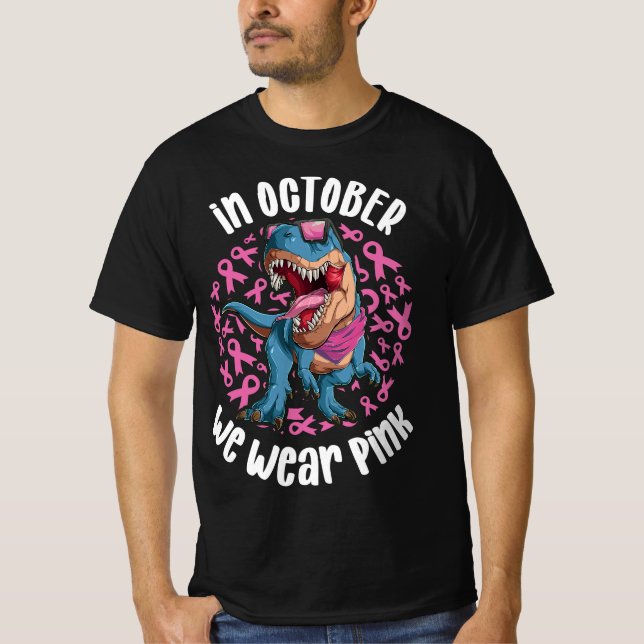 T-shirt En Octobre Nous Portons Le Ruban Rose T-rex Dinosa (Devant)