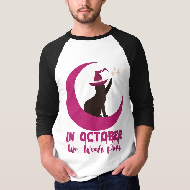 T-shirt En Octobre Nous Portons Pink Cat Cerveau Cancer La (Devant)