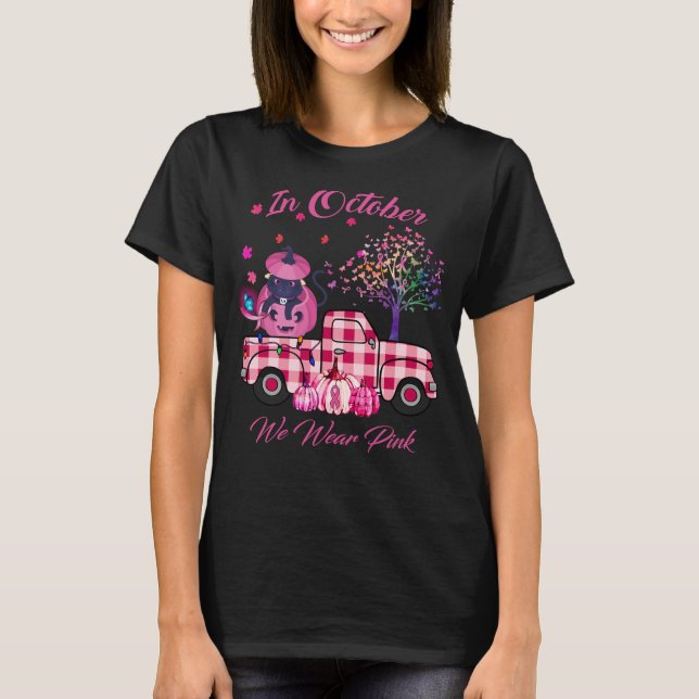 T-shirt en octobre Nous portons Pink Cat Citrouille Camion (Devant)